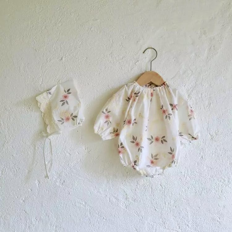 Flower Embroidered Romper with Bonnet 花柄 刺繍 ロンパース ボンネット【mh0012670】 Orange / 66cm BBAMMA 長袖ロンパース