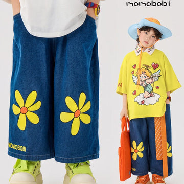 Flower Print Denim Cropped Pants フラワー デニムパンツ【mh0013001】 momobobi デニムパンツ