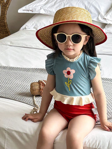 Flower Print Ruffle One-Piece Swimwear バイカラー ワンピース水着【mh0013337】 Blue / 90cm mamahalo kids ベビー用水着