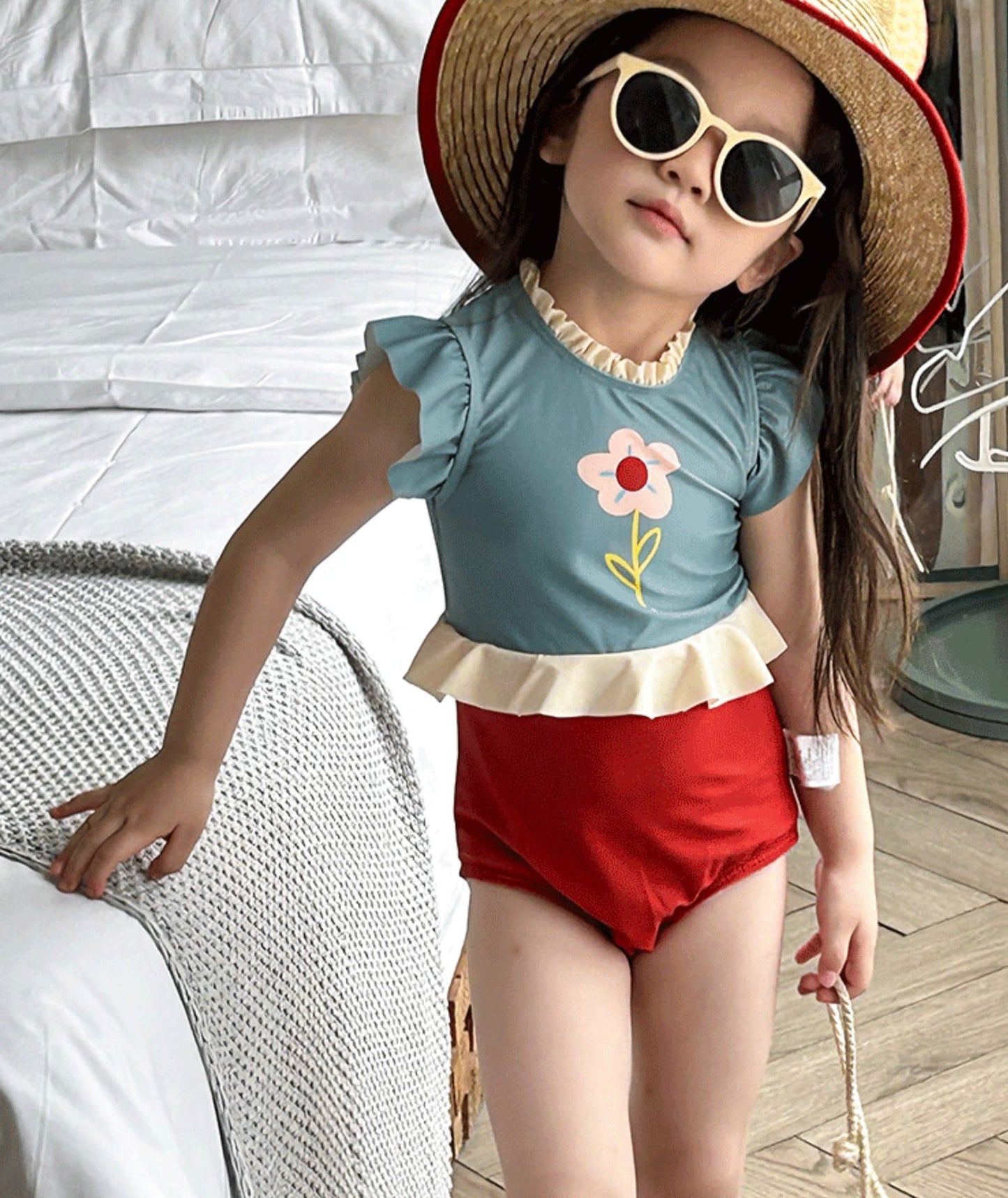 Flower Print Ruffle One-Piece Swimwear バイカラー ワンピース水着【mh0013337】 mamahalo kids ベビー用水着