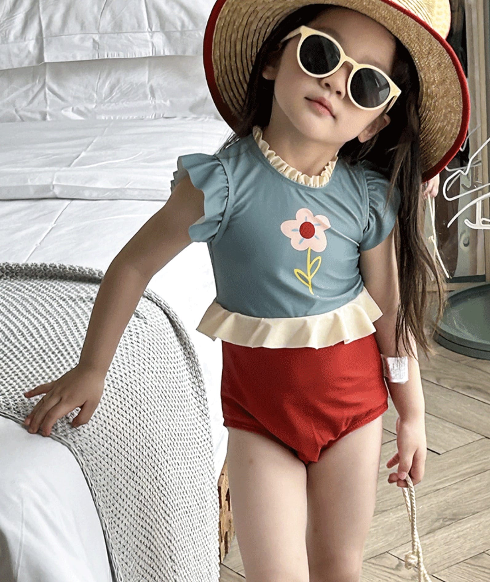 Flower Print Ruffle One-Piece Swimwear バイカラー ワンピース水着【mh0013337】 mamahalo kids ベビー用水着