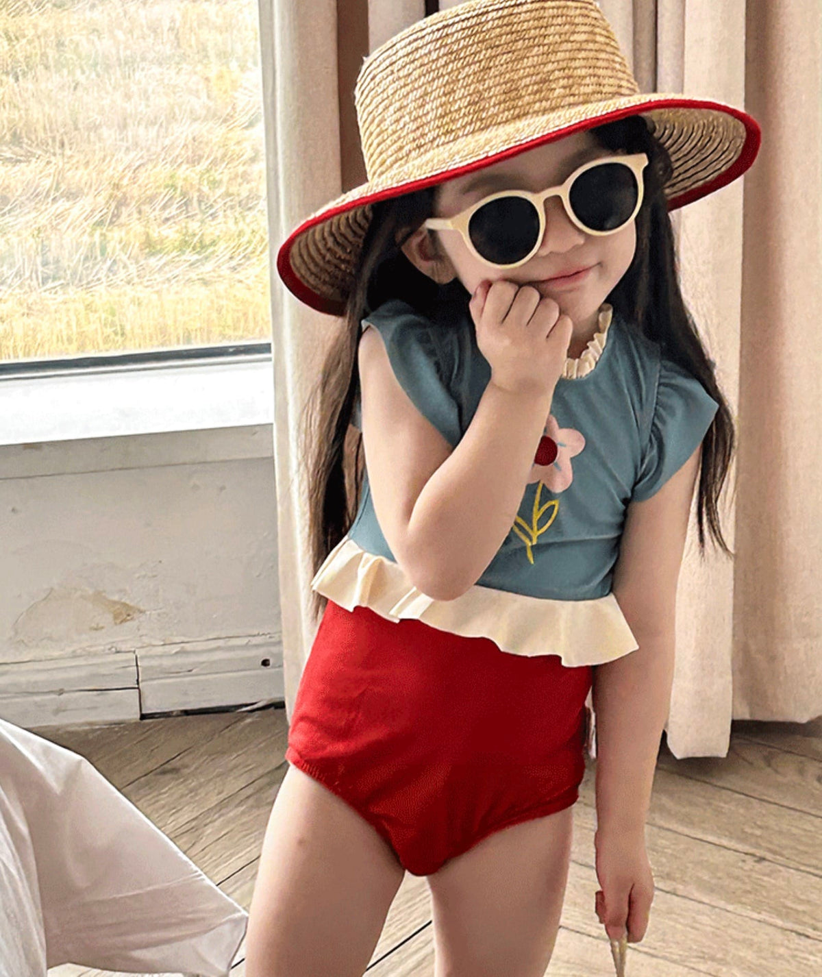 Flower Print Ruffle One-Piece Swimwear バイカラー ワンピース水着【mh0013337】 mamahalo kids ベビー用水着