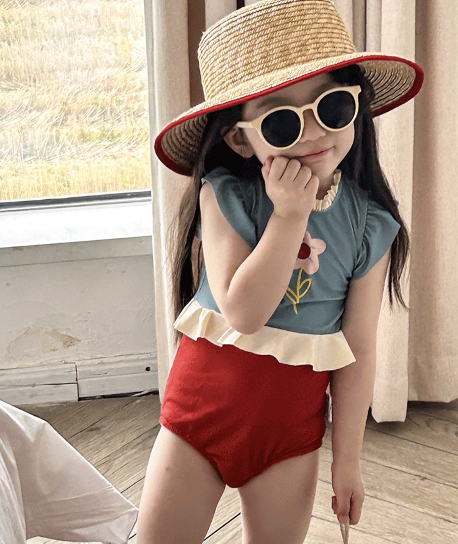 Flower Print Ruffle One-Piece Swimwear バイカラー ワンピース水着【mh0013337】 mamahalo kids ベビー用水着
