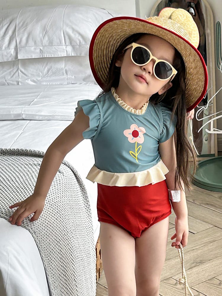 Flower Print Ruffle One-Piece Swimwear バイカラー ワンピース水着【mh0013337】 mamahalo kids ベビー用水着