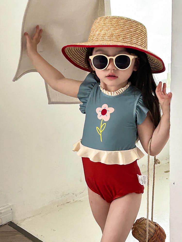 Flower Print Ruffle One-Piece Swimwear バイカラー ワンピース水着【mh0013337】 mamahalo kids ベビー用水着