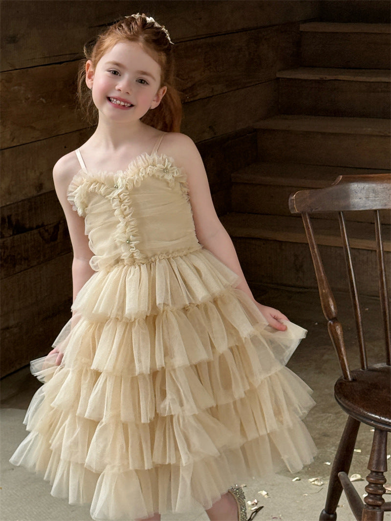 Flower Rhinestone Mesh Tutu Dress ビジュー フラワー キャミソールワンピース【mh0012419】 90cm / apricot mamahalo shop