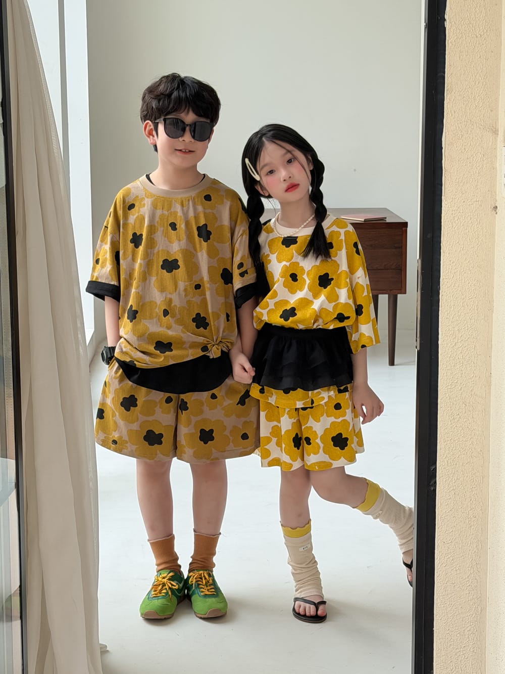 Flower Top Shorts Set レトロ 半袖Tシャツ ショートパンツ【mh0013132】 KUMAI.KIDS 半袖セットアップ