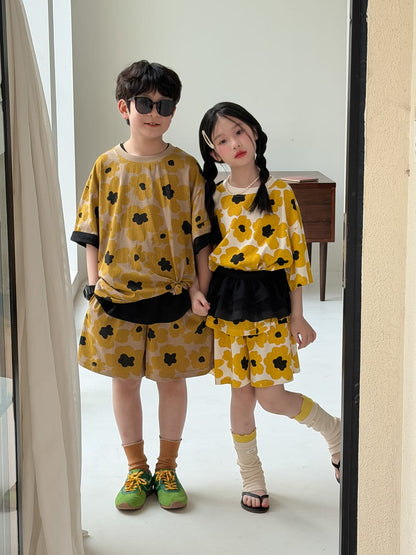 Flower Top Shorts Set レトロ 半袖Tシャツ ショートパンツ【mh0013132】 KUMAI.KIDS 半袖セットアップ
