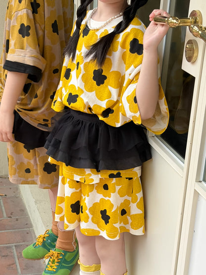 Flower Top Shorts Set レトロ 半袖Tシャツ ショートパンツ【mh0013132】 KUMAI.KIDS 半袖セットアップ
