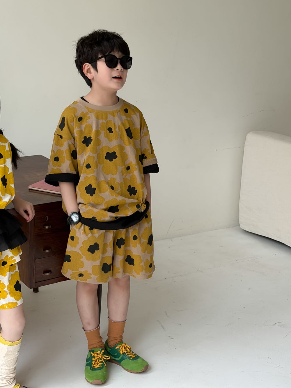 Flower Top Shorts Set レトロ 半袖Tシャツ ショートパンツ【mh0013132】 KUMAI.KIDS 半袖セットアップ