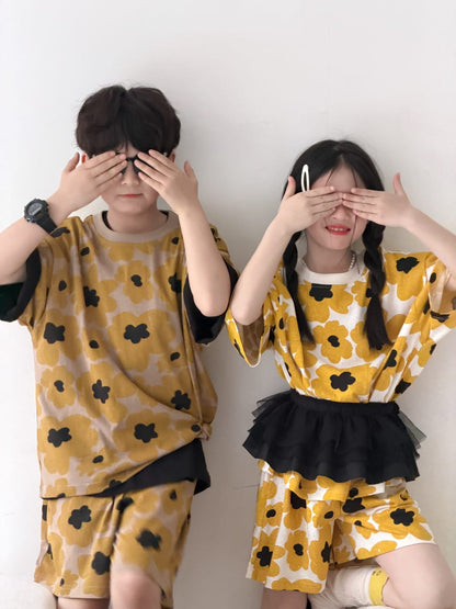Flower Top Shorts Set レトロ 半袖Tシャツ ショートパンツ【mh0013132】 KUMAI.KIDS 半袖セットアップ