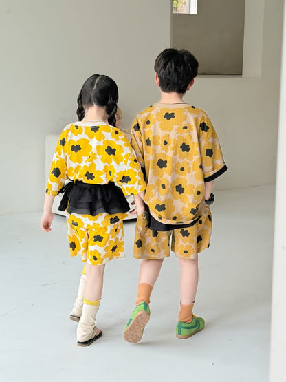 Flower Top Shorts Set レトロ 半袖Tシャツ ショートパンツ【mh0013132】 KUMAI.KIDS 半袖セットアップ