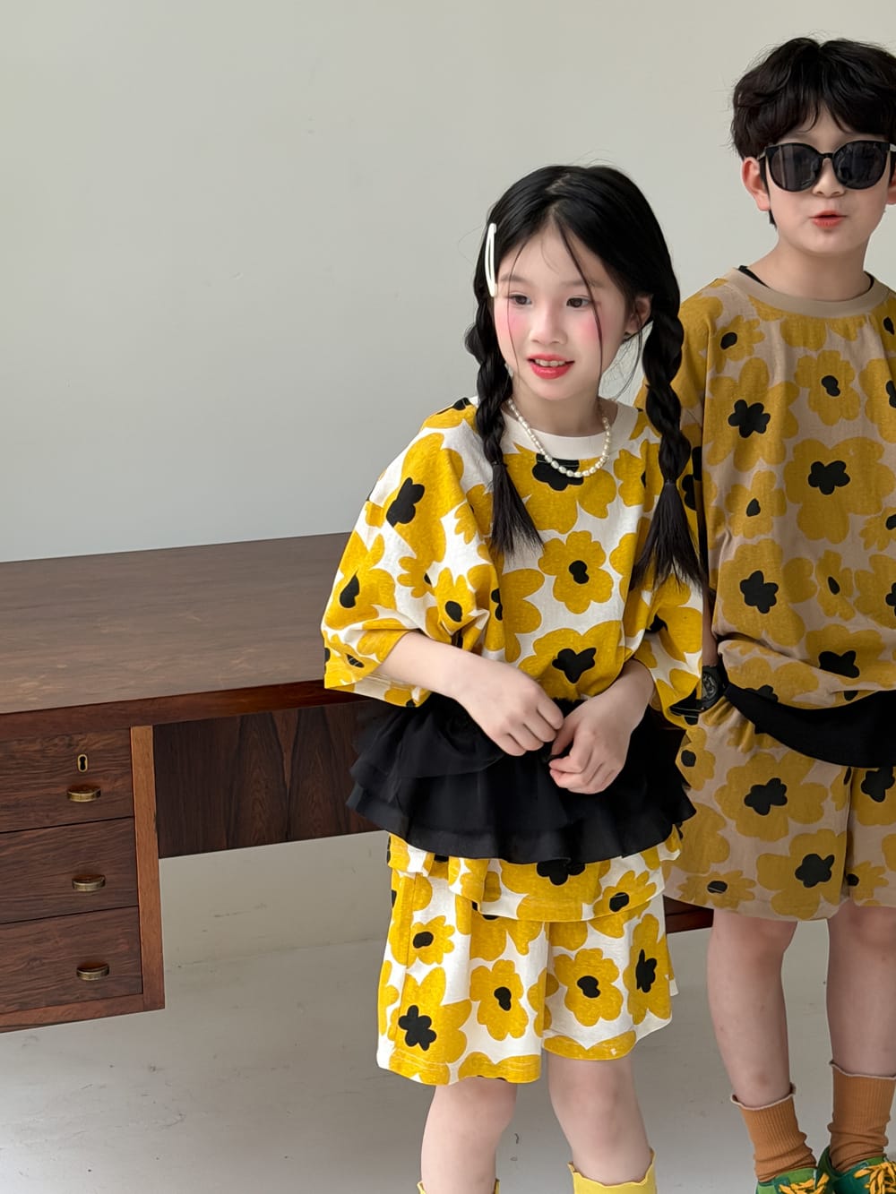 Flower Top Shorts Set レトロ 半袖Tシャツ ショートパンツ【mh0013132】 KUMAI.KIDS 半袖セットアップ