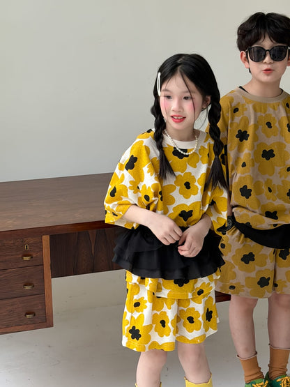 Flower Top Shorts Set レトロ 半袖Tシャツ ショートパンツ【mh0013132】 KUMAI.KIDS 半袖セットアップ
