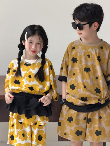 Flower Top Shorts Set レトロ 半袖Tシャツ ショートパンツ【mh0013132】 KUMAI.KIDS 半袖セットアップ