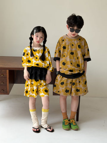Flower Top Shorts Set レトロ 半袖Tシャツ ショートパンツ【mh0013132】 KUMAI.KIDS 半袖セットアップ