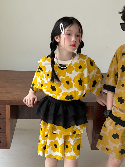 Flower Top Shorts Set レトロ 半袖Tシャツ ショートパンツ【mh0013132】 Lemon Yellow / 100cm KUMAI.KIDS 半袖セットアップ