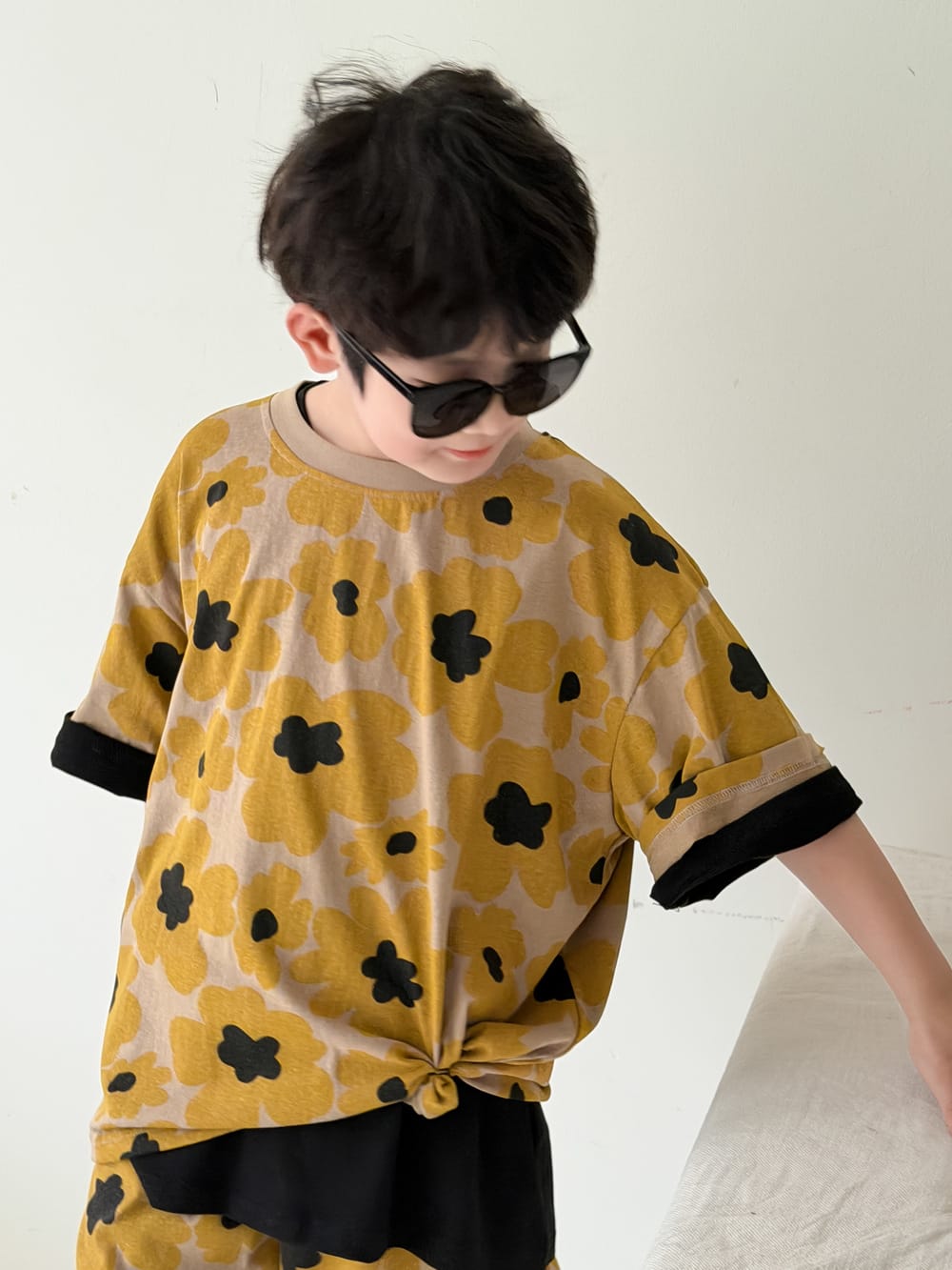 Flower Top Shorts Set レトロ 半袖Tシャツ ショートパンツ【mh0013132】 Mustard Yellow / 100cm KUMAI.KIDS 半袖セットアップ