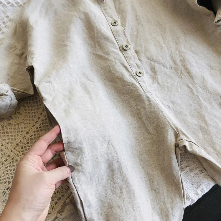 長袖ジャンプスーツ キッズジャンプスーツ コットンリネン 長袖つなぎ シンプル ベーシック ネイビー アプリコット 2カラー【mh0003658】