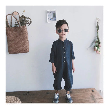 長袖ジャンプスーツ キッズジャンプスーツ コットンリネン 長袖つなぎ シンプル ベーシック ネイビー アプリコット 2カラー【mh0003658】
