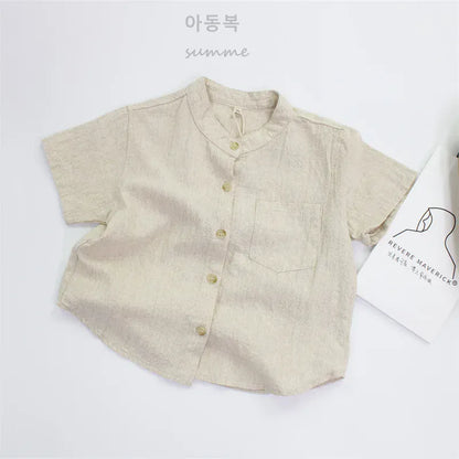 半袖シャツ・ブラウス Beige / 2T-90 キッズトップス 無地/ストライプコットンリネンノーカラー半袖シャツ【mh0008881】