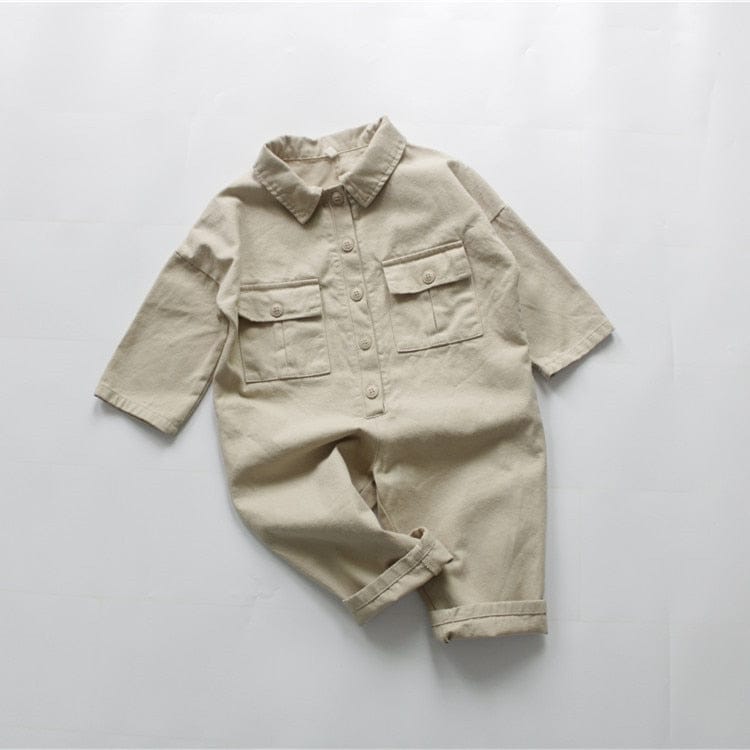 長袖ジャンプスーツ Beige / 80cm キッズ服 長袖シャツ ジャンプスーツ つなぎ シンプル ベーシック 無地 アーミーグリーン ベージュ 2色 男の子【mh0002766】