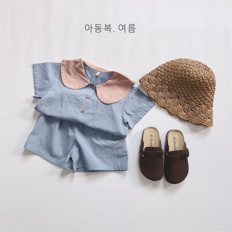 半袖セットアップ Blue / 12M/80cm キッズ セットアップ 丸襟 半袖 シャツ ブラウス ショートパンツ ベージュ ブルー グレー ユニセックス【mh0002058】