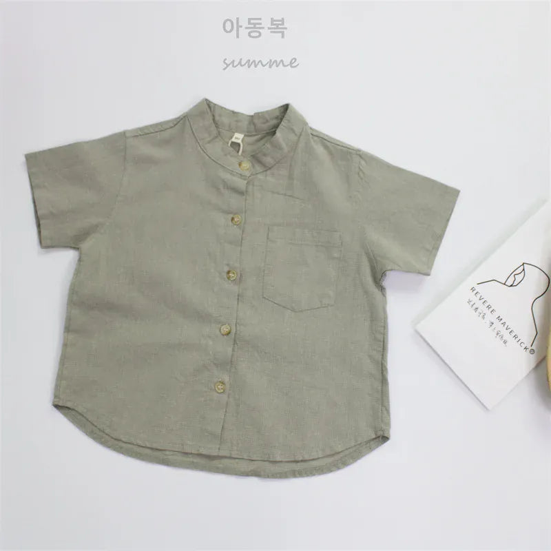 半袖シャツ・ブラウス Light Green / 2T-90 キッズトップス 無地/ストライプコットンリネンノーカラー半袖シャツ【mh0008881】