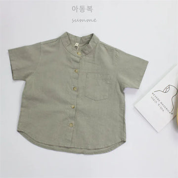 半袖シャツ・ブラウス Light Green / 2T-90 キッズトップス 無地/ストライプコットンリネンノーカラー半袖シャツ【mh0008881】
