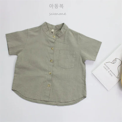 半袖シャツ・ブラウス Light Green / 2T-90 キッズトップス 無地/ストライプコットンリネンノーカラー半袖シャツ【mh0008881】