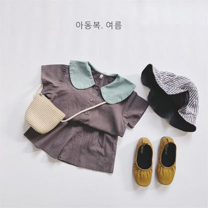 半袖セットアップ キッズ セットアップ 丸襟 半袖 シャツ ブラウス ショートパンツ ベージュ ブルー グレー ユニセックス【mh0002058】