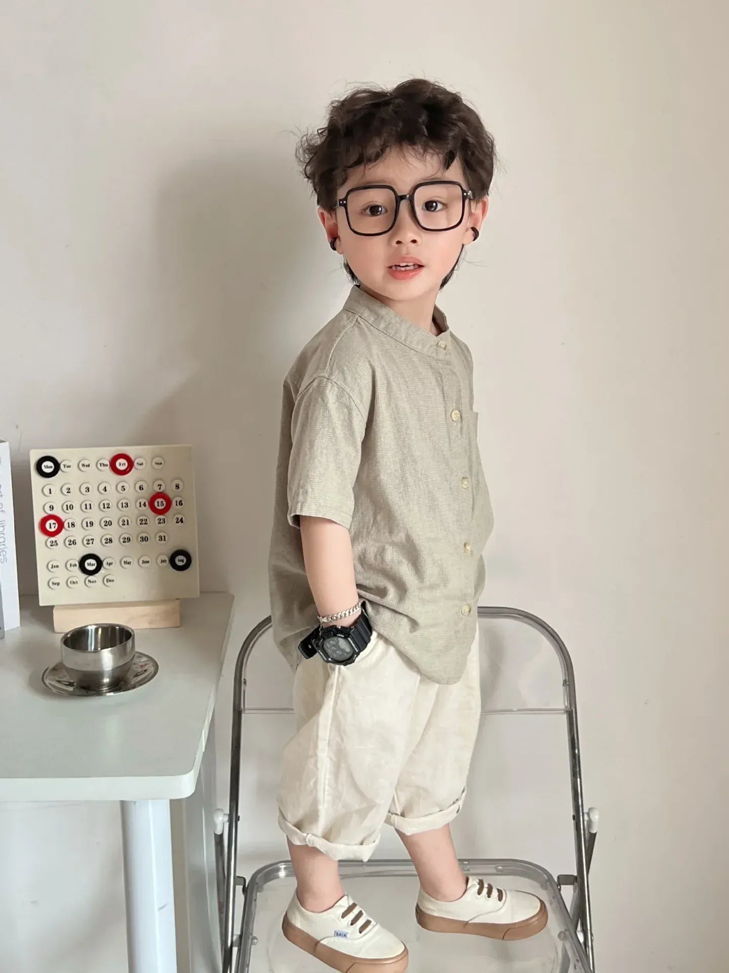 半袖シャツ・ブラウス キッズトップス 無地/ストライプコットンリネンノーカラー半袖シャツ【mh0008881】