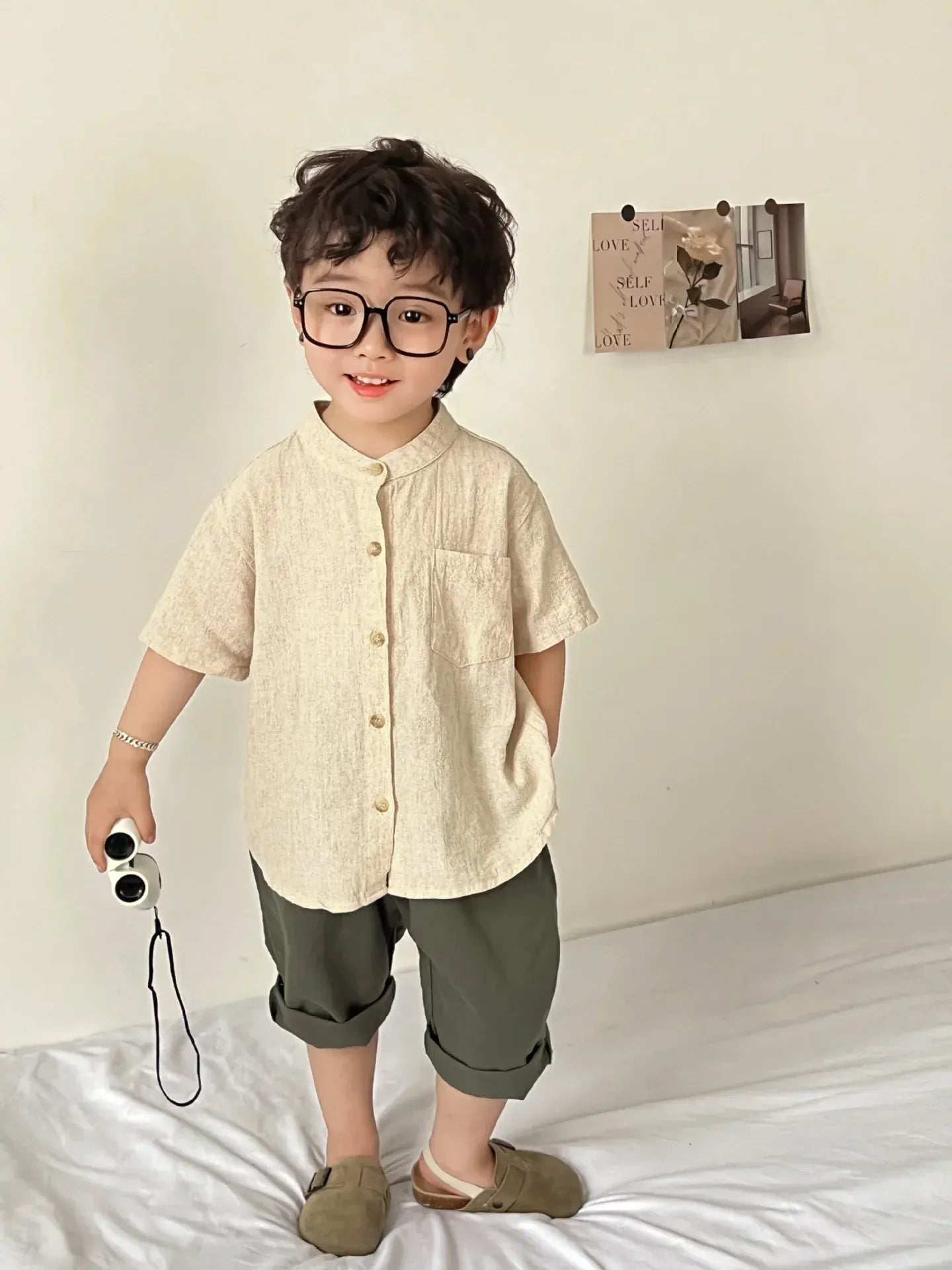 半袖シャツ・ブラウス キッズトップス 無地/ストライプコットンリネンノーカラー半袖シャツ【mh0008881】