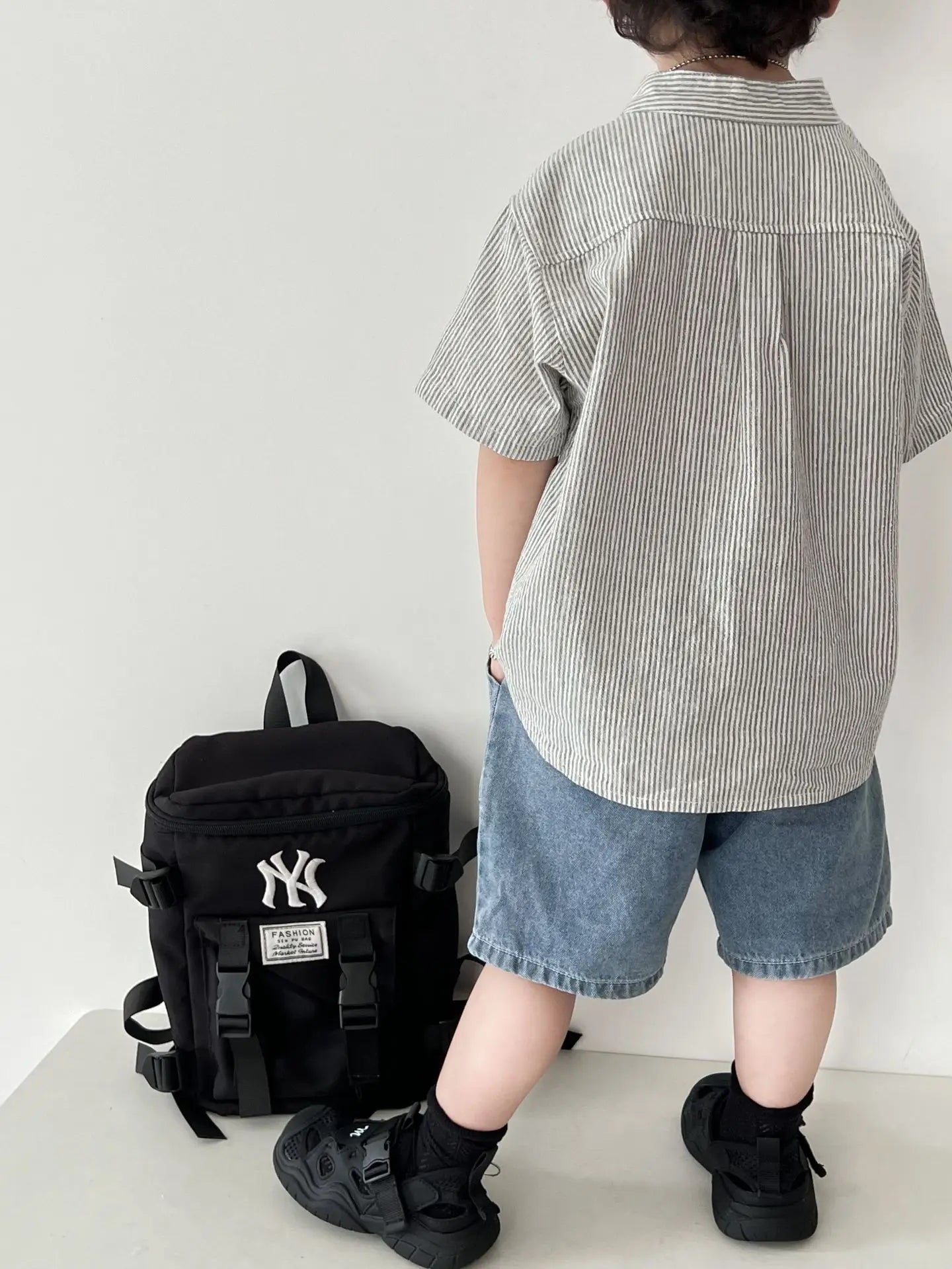 半袖シャツ・ブラウス キッズトップス 無地/ストライプコットンリネンノーカラー半袖シャツ【mh0008881】