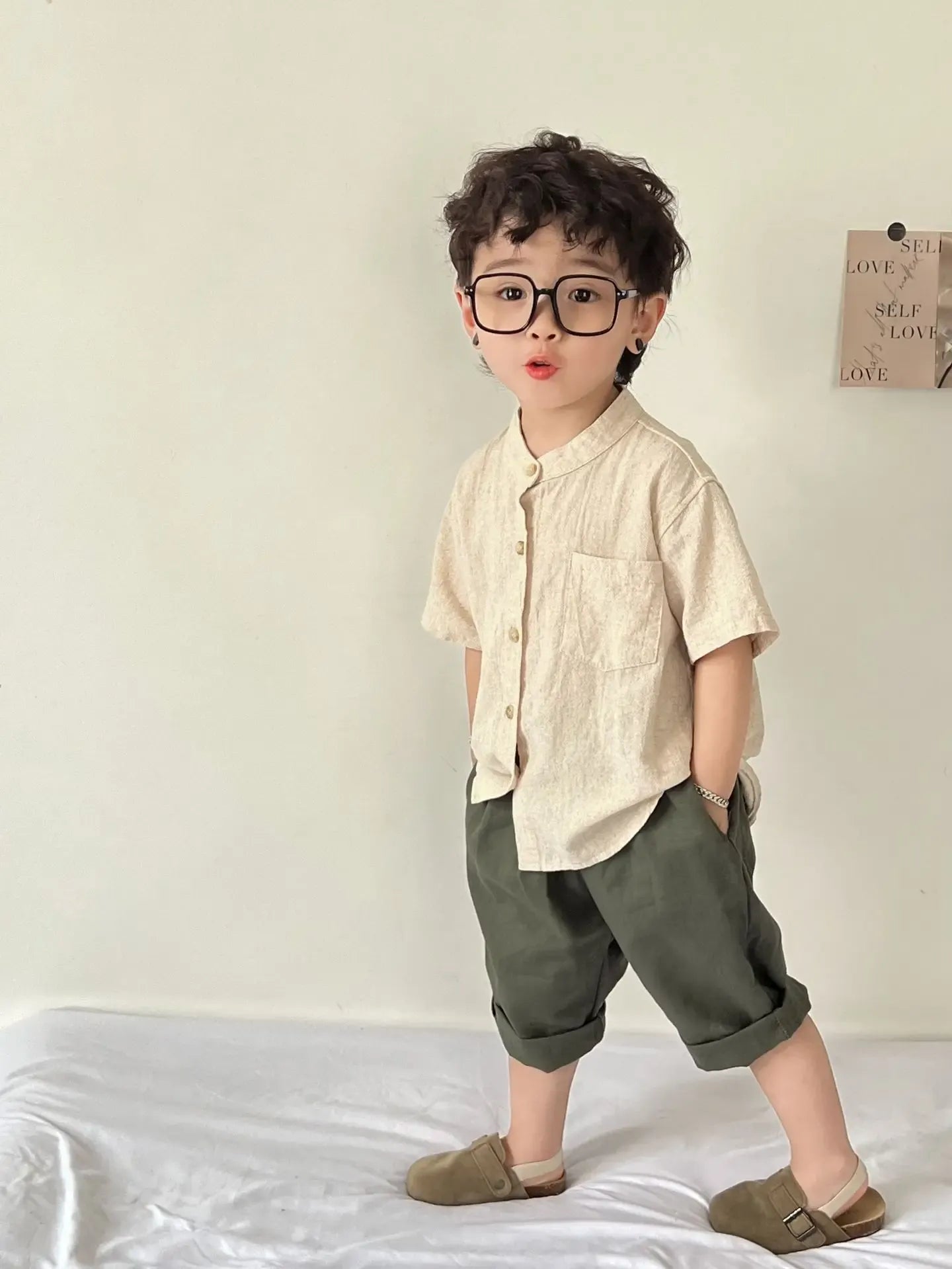 半袖シャツ・ブラウス キッズトップス 無地/ストライプコットンリネンノーカラー半袖シャツ【mh0008881】