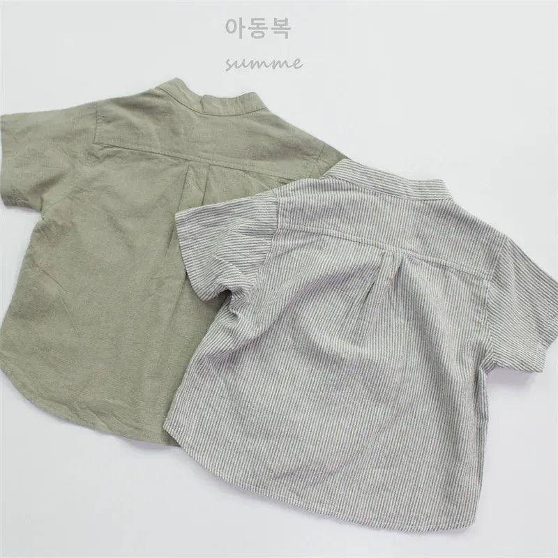 半袖シャツ・ブラウス キッズトップス 無地/ストライプコットンリネンノーカラー半袖シャツ【mh0008881】