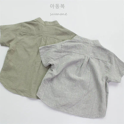 半袖シャツ・ブラウス キッズトップス 無地/ストライプコットンリネンノーカラー半袖シャツ【mh0008881】