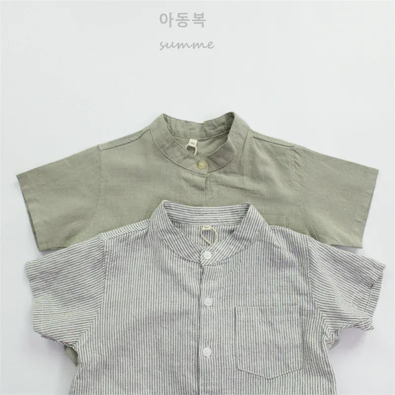 半袖シャツ・ブラウス キッズトップス 無地/ストライプコットンリネンノーカラー半袖シャツ【mh0008881】