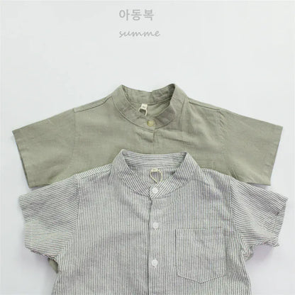 半袖シャツ・ブラウス キッズトップス 無地/ストライプコットンリネンノーカラー半袖シャツ【mh0008881】