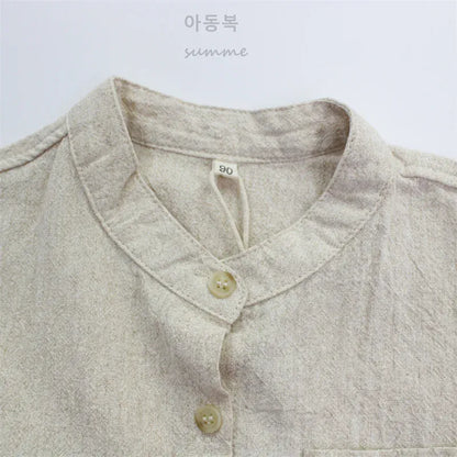 半袖シャツ・ブラウス キッズトップス 無地/ストライプコットンリネンノーカラー半袖シャツ【mh0008881】