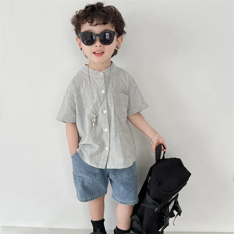 半袖シャツ・ブラウス キッズトップス 無地/ストライプコットンリネンノーカラー半袖シャツ【mh0008881】