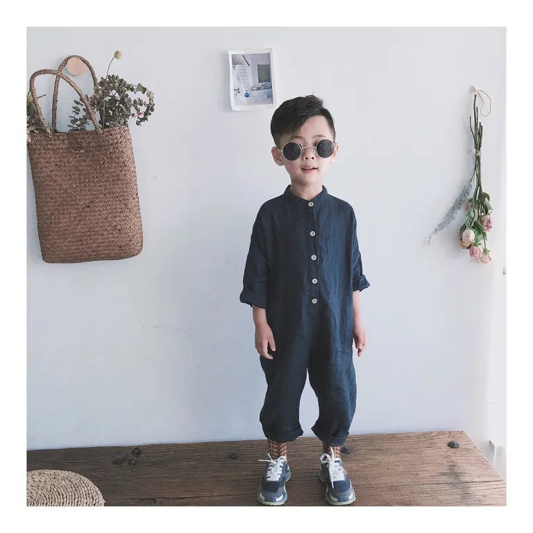 長袖ジャンプスーツ Navy Blue / 110cm キッズジャンプスーツ コットンリネン 長袖つなぎ シンプル ベーシック ネイビー アプリコット 2カラー【mh0003658】