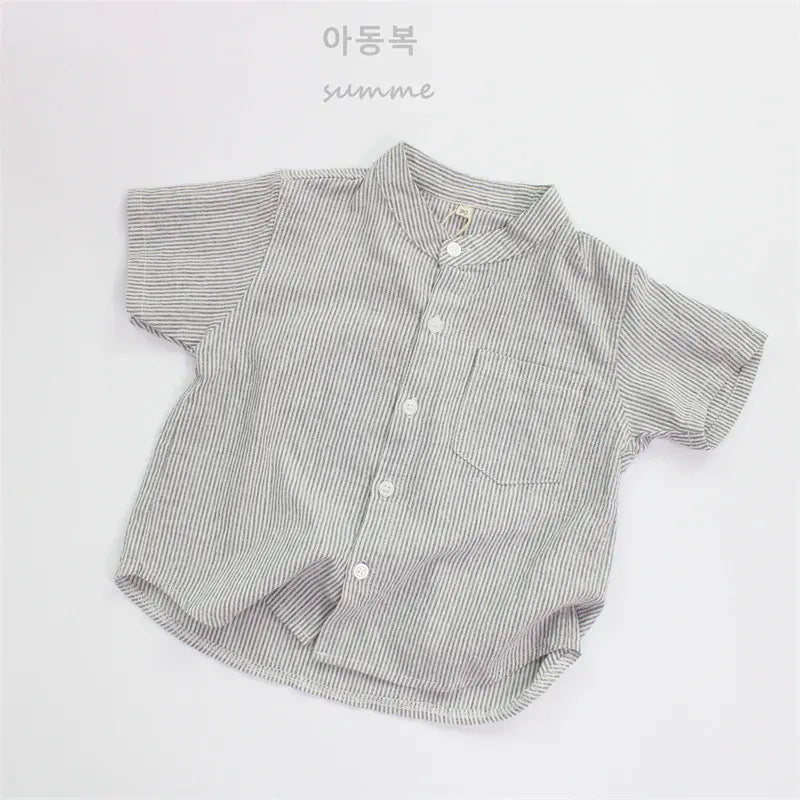 半袖シャツ・ブラウス Stripe / 2T-90 キッズトップス 無地/ストライプコットンリネンノーカラー半袖シャツ【mh0008881】