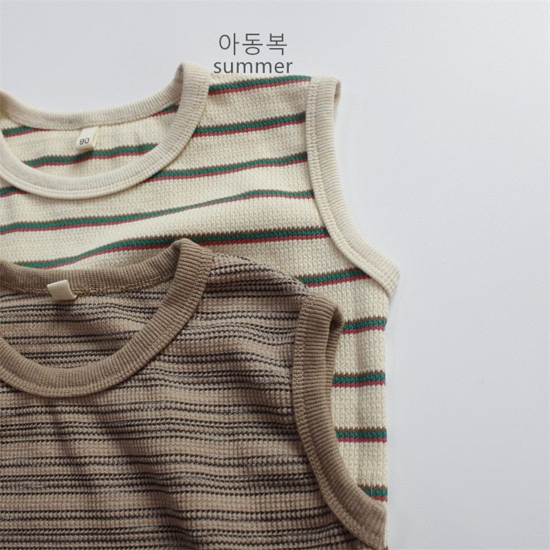 タンクトップ・キャミソール・ノースリーブトップス キッズ ボーダー タンクトップ ノースリーブ Tシャツ ベージュ コーヒーブラウン ユニセックス【mh0001983】
