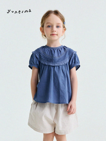 French Lace Puff Sleeve Cotton Shirt レース 半袖ブラウス【mh0013200】 yunerma 半袖シャツ・ブラウス