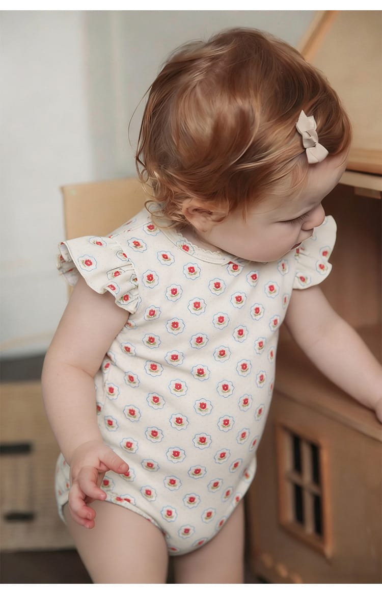 Frill Sleeve Cotton Romper フラワー チェリー フリル袖ロンパース【mh0012780】 Beitaoya 半袖ロンパース