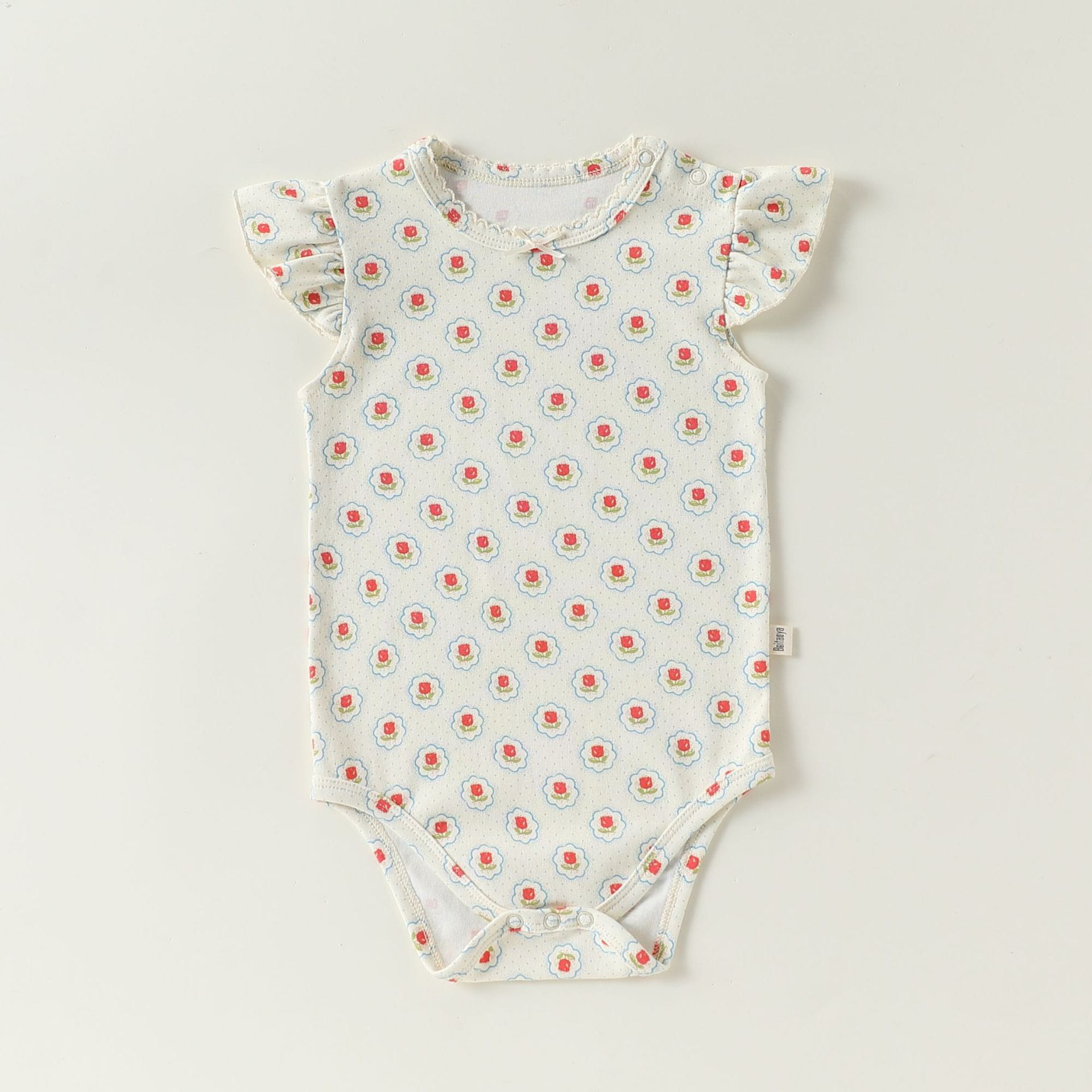 Frill Sleeve Cotton Romper フラワー チェリー フリル袖ロンパース【mh0012780】 Beitaoya 半袖ロンパース