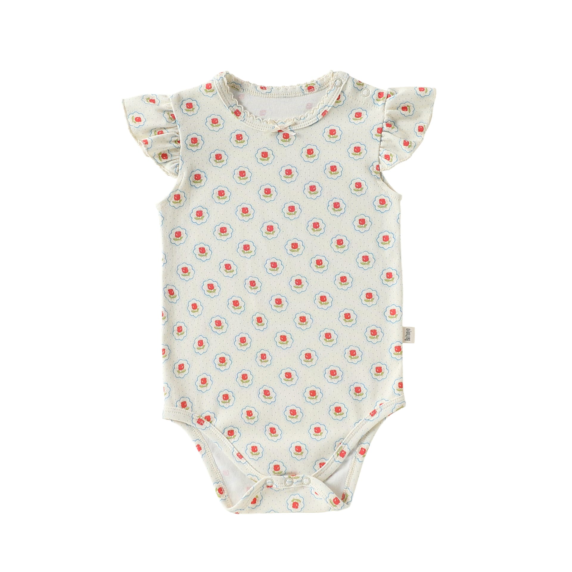 Frill Sleeve Cotton Romper フラワー チェリー フリル袖ロンパース【mh0012780】 Light blue flower letter / 66cm Beitaoya 半袖ロンパース