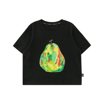 黒のコットンTシャツ、緑と黄の果物アートプリント