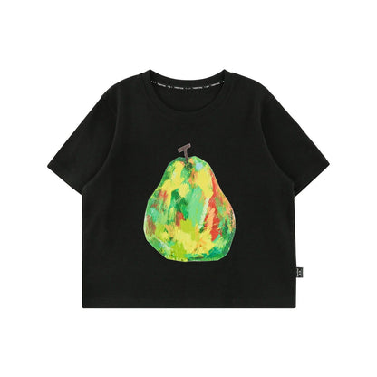 黒のコットンTシャツ、緑と黄の果物アートプリント